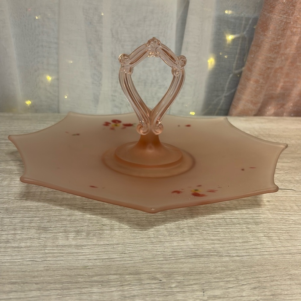 Hand painted Pink Frosted Depression Glass Serving Tidbit Tray